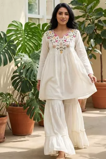 Vichitra silk top & bottom set with thread sequins