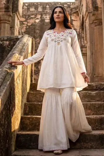 Vichitra silk top & bottom set with thread sequins