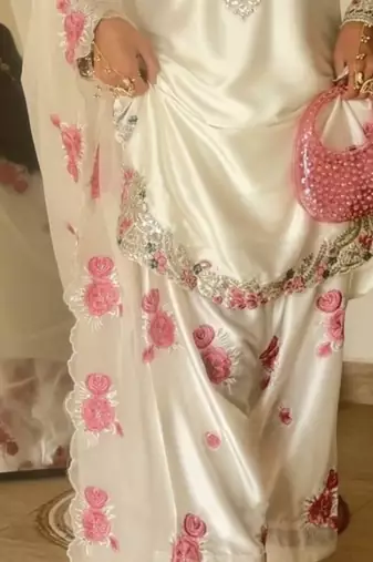 Japan satin designer top, farshi salwar & organza dupatta