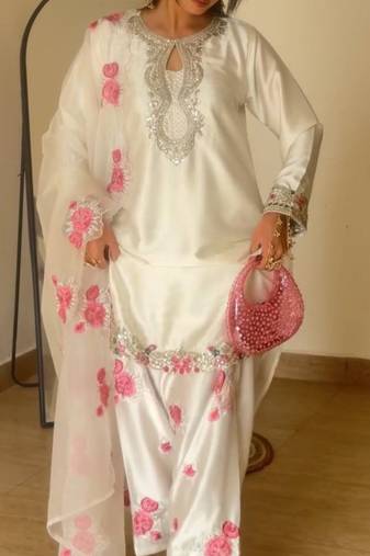 Japan satin designer top, farshi salwar & organza dupatta