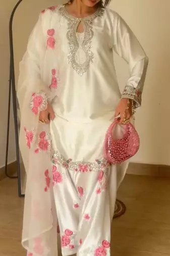 Japan satin designer top, farshi salwar & organza dupatta