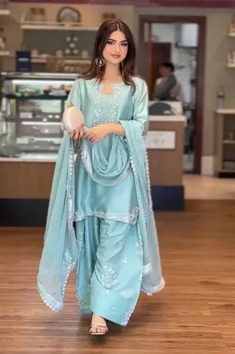 Roman glass silk top with farshi palazzo & organza dupatta