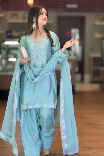 Roman glass silk top with farshi palazzo & organza dupatta