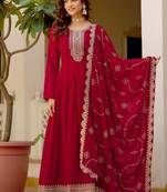 Maroon faux blooming gown with sequins embroidery