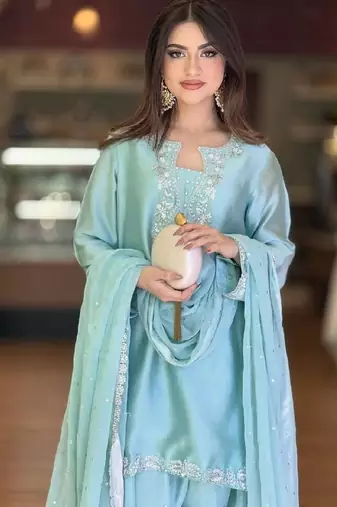 Roman glass silk top with farshi palazzo & organza dupatta