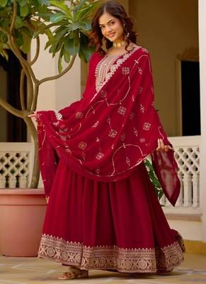 Maroon faux blooming gown with sequins embroidery 2