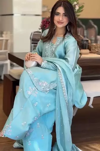 Roman glass silk top with farshi palazzo & organza dupatta