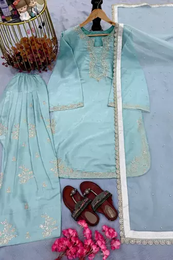 Roman glass silk top with farshi palazzo & organza dupatta