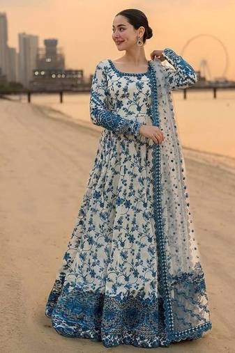 Faux georgette & organza gown set with heavy embroidery