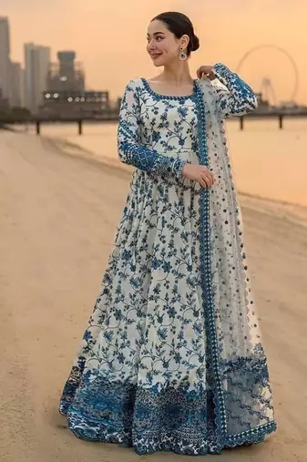 Faux georgette & organza gown set with heavy embroidery