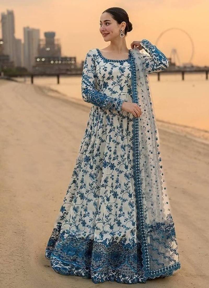 Faux georgette & organza gown set with heavy embroidery