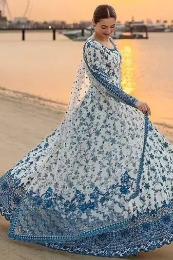 Faux georgette gown set with organza duppata and heavy embroidery