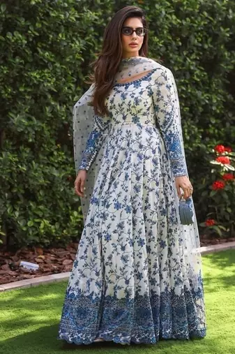 Faux georgette gown set with organza duppata and heavy embroidery
