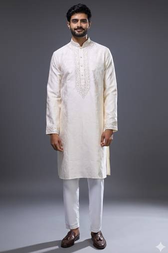 classic cream silk embroidered kurta pant set