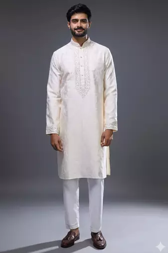 classic cream silk embroidered kurta pant set