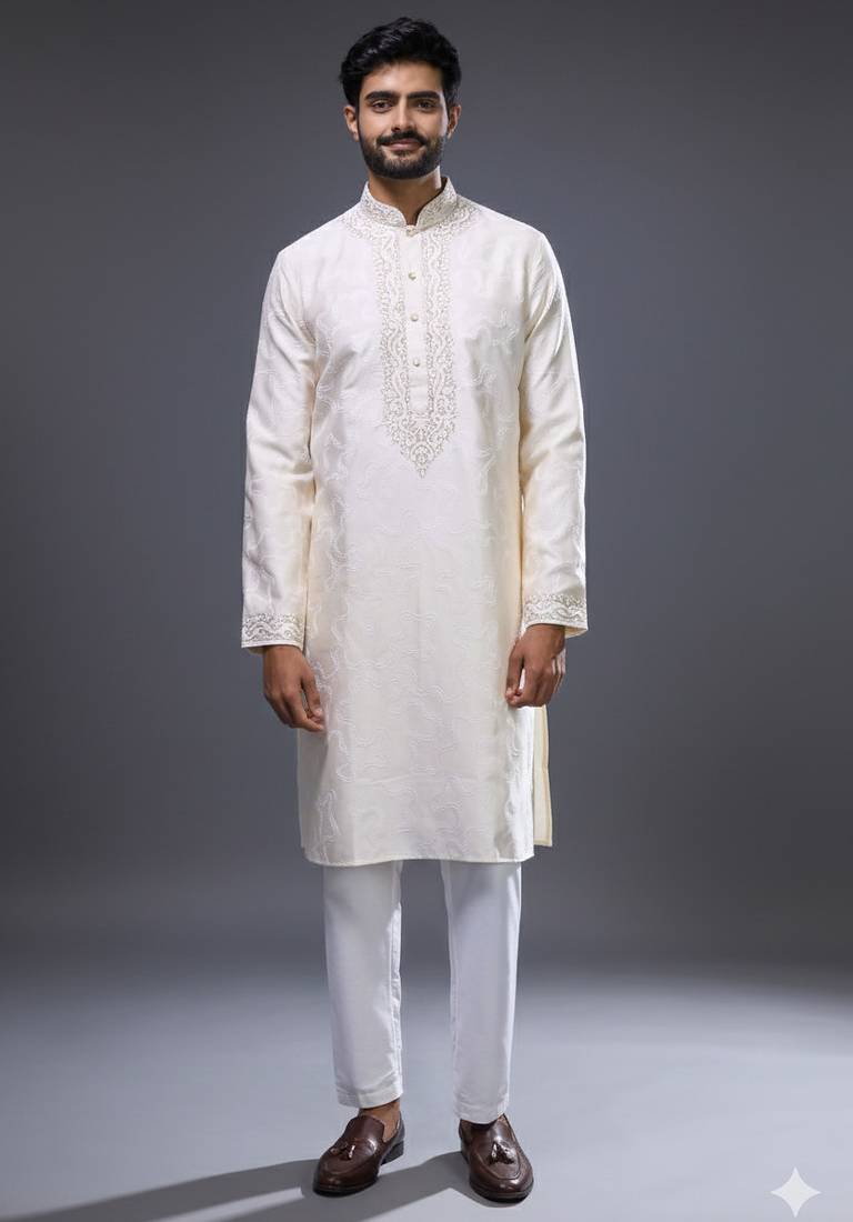 classic cream silk embroidered kurta pant set