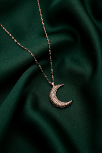 rose gold crescent moon necklace in 925 sterling silver | elegant sparkling moon pendant for women