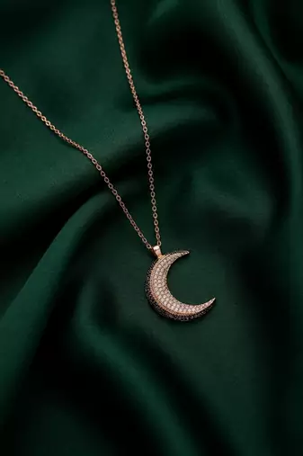 rose gold crescent moon necklace in 925 sterling silver | elegant sparkling moon pendant for women
