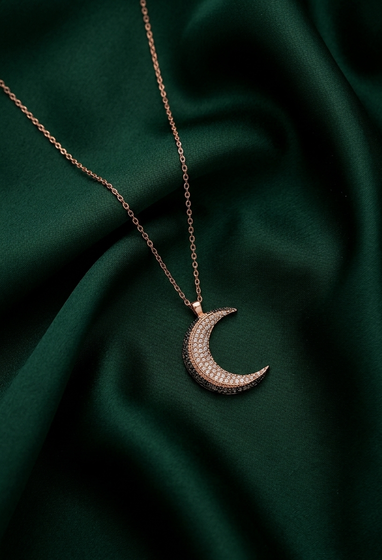 rose gold crescent moon necklace in 925 sterling silver | elegant sparkling moon pendant for women
