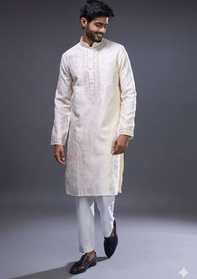 classic cream silk embroidered kurta pant set 3