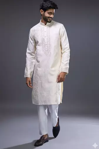 classic cream silk embroidered kurta pant set