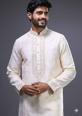 classic cream silk embroidered kurta pant set 4