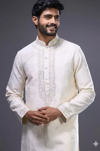 classic cream silk embroidered kurta pant set