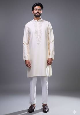 elegant cream embroidered silk kurta pant set 1