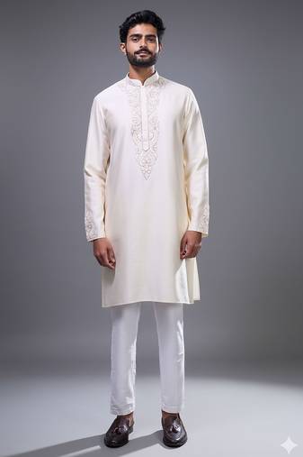elegant cream embroidered silk kurta pant set