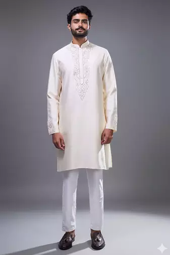 elegant cream embroidered silk kurta pant set