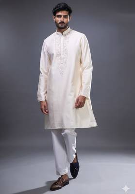 elegant cream embroidered silk kurta pant set 2