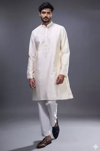 elegant cream embroidered silk kurta pant set