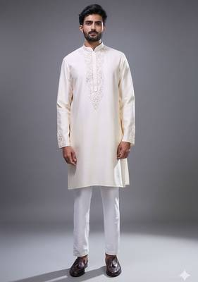 elegant cream embroidered silk kurta pant set 3