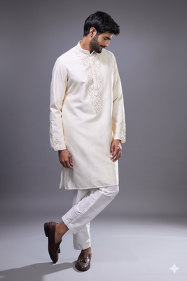 elegant cream embroidered silk kurta pant set 4