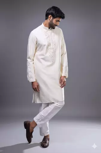 elegant cream embroidered silk kurta pant set