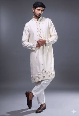 cream mirror embroidered silk kurta pant set 1