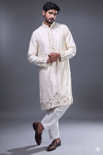 cream mirror embroidered silk kurta pant set