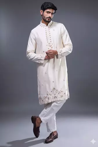 cream mirror embroidered silk kurta pant set
