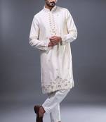 cream mirror embroidered silk kurta pant set