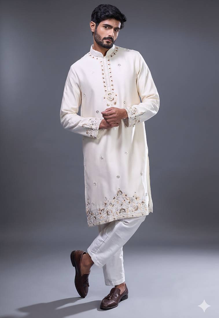 cream mirror embroidered silk kurta pant set