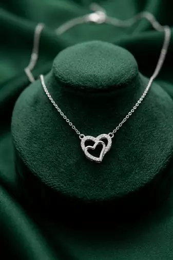 925 sterling silver double heart pendant necklace with sparkling finish for women