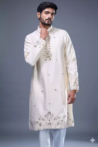 cream mirror embroidered silk kurta pant set