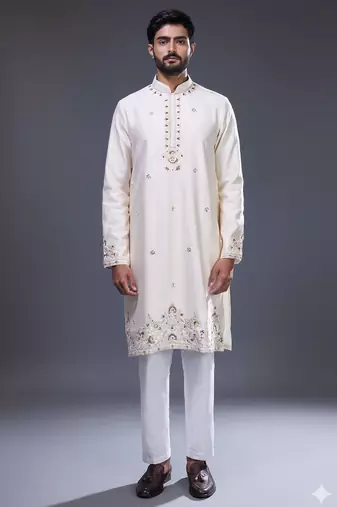 cream mirror embroidered silk kurta pant set