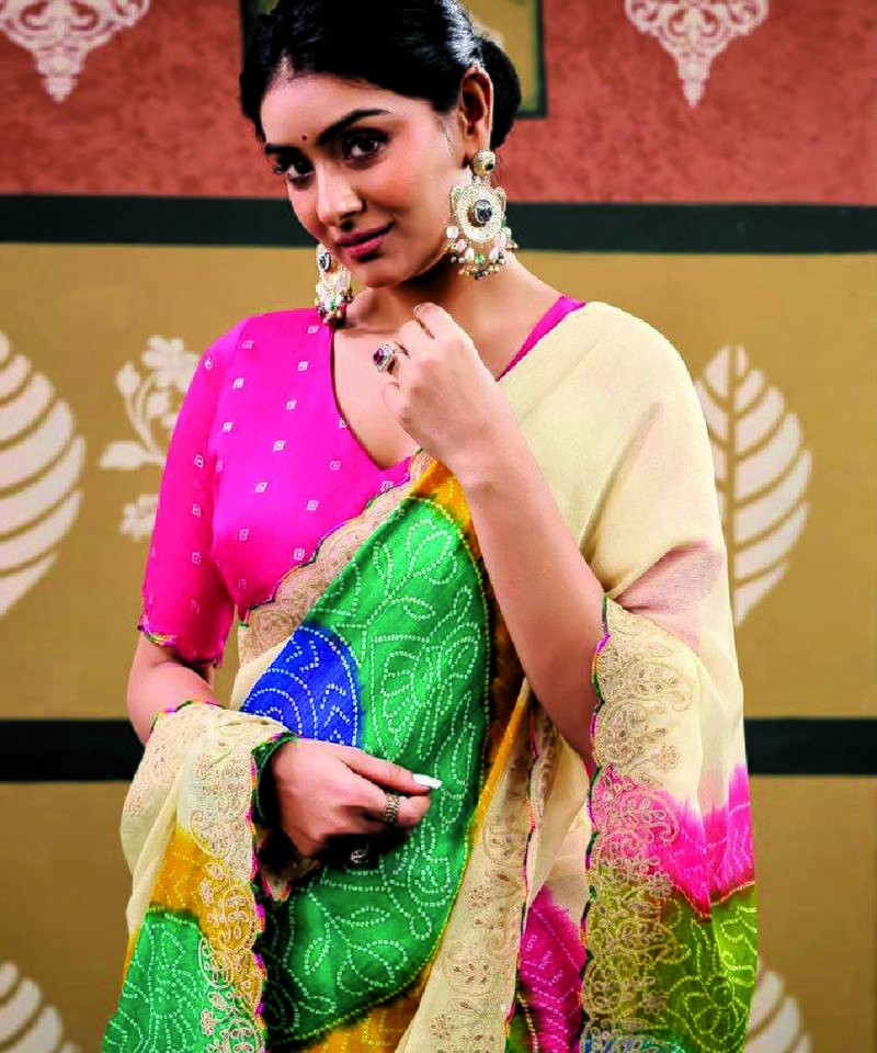 Multicolor printed embroidered saree