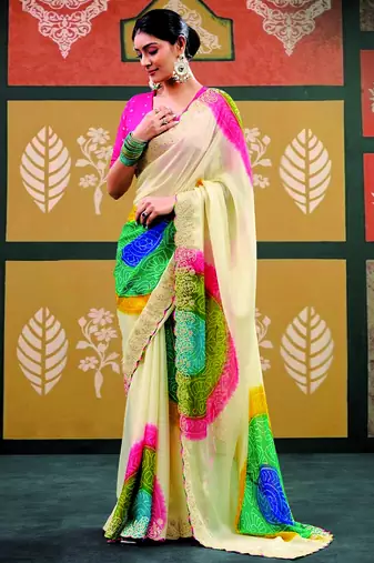 Multicolor printed embroidered saree