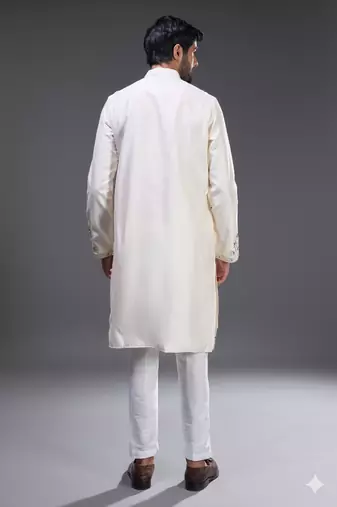 cream mirror embroidered silk kurta pant set