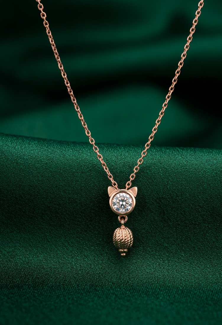 rose gold cat charm necklace in 925 sterling silver | cute crystal pendant necklace for women