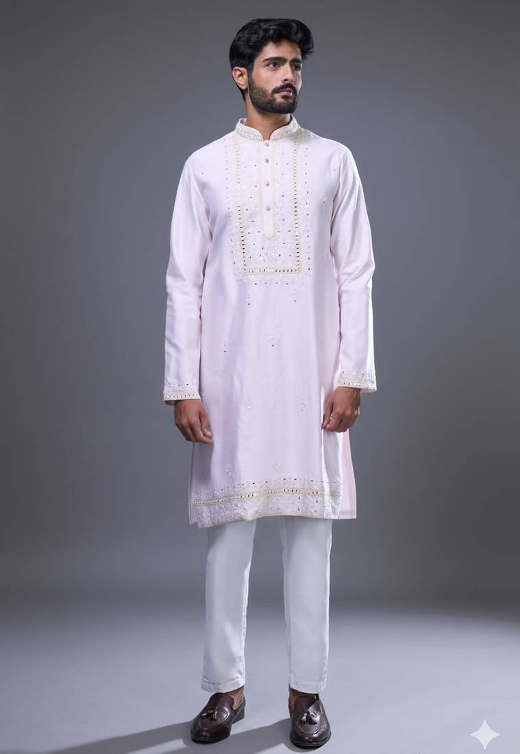 blush pink embroidered silk kurta pant set