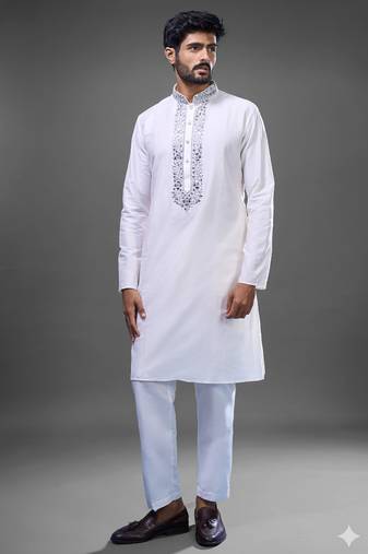 off white mirror work kurta pant set for men
