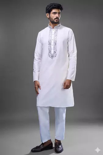 off white mirror work kurta pant set for men